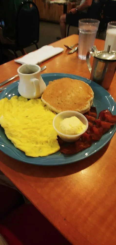 Scrambled Eggs Bacon Sausage & Banana Nut Pancake